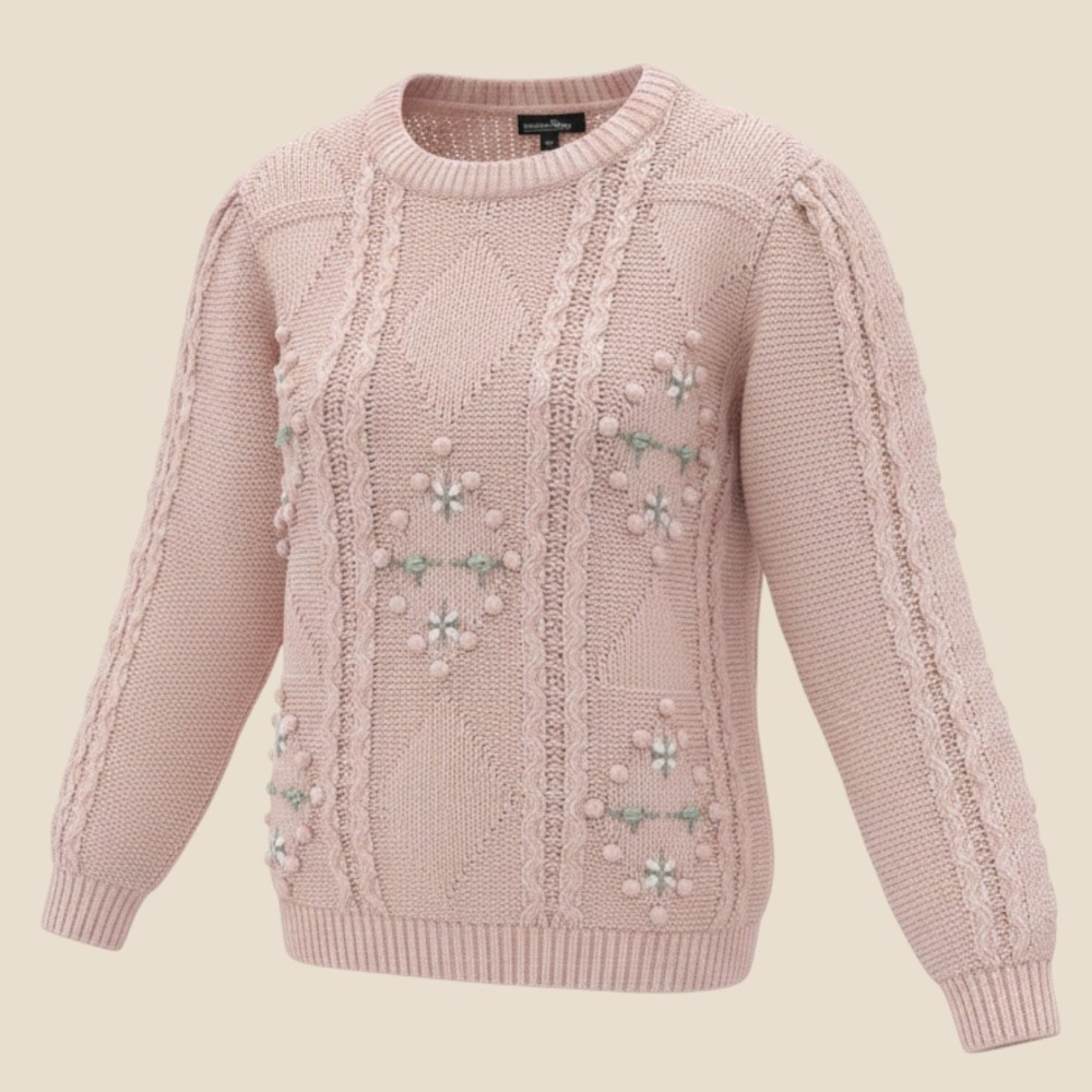 Hunters Run Vintage Pink Cable Knit Floral Embroidered Sweater Cottage Coquette